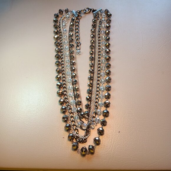 Chico's silver tone & gun metal tone AB coated bead & chain multi layer necklace - Picture 2 of 9